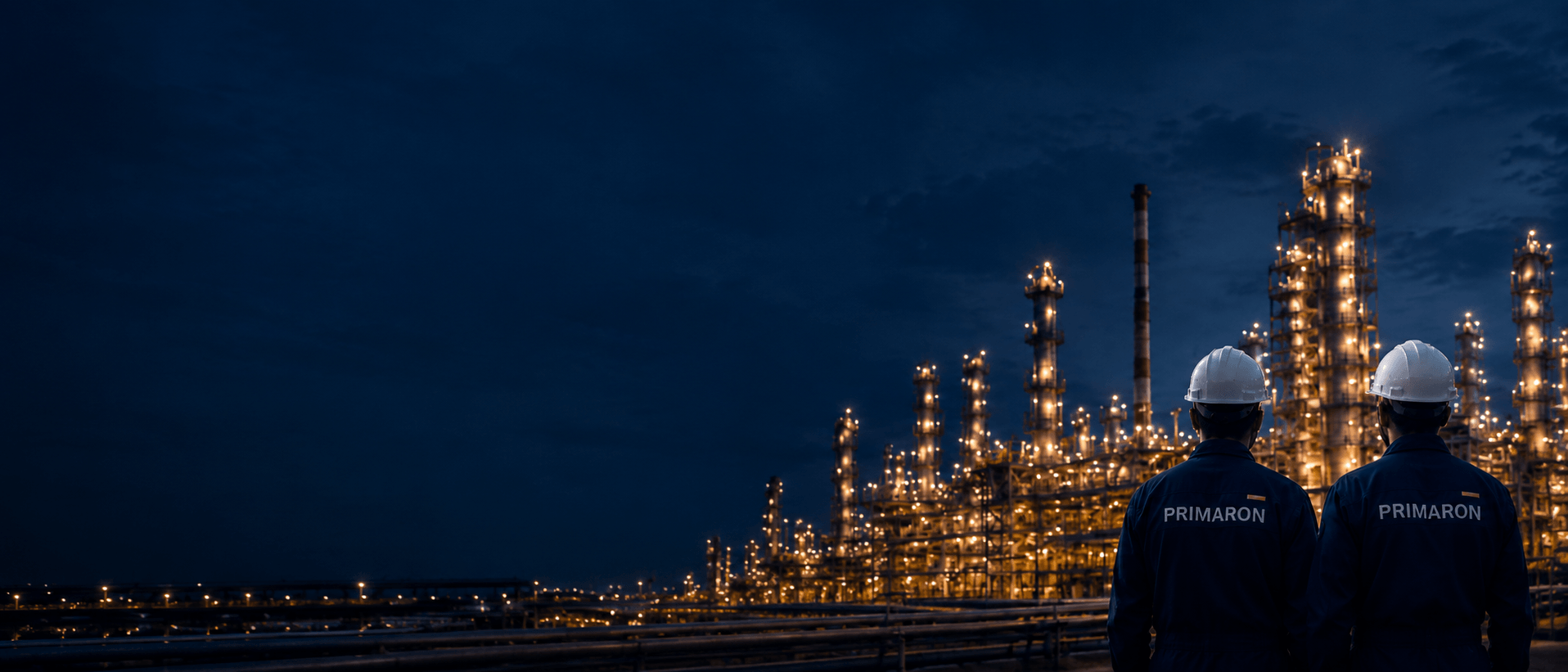 Engineers at an industrial refinery at twilight